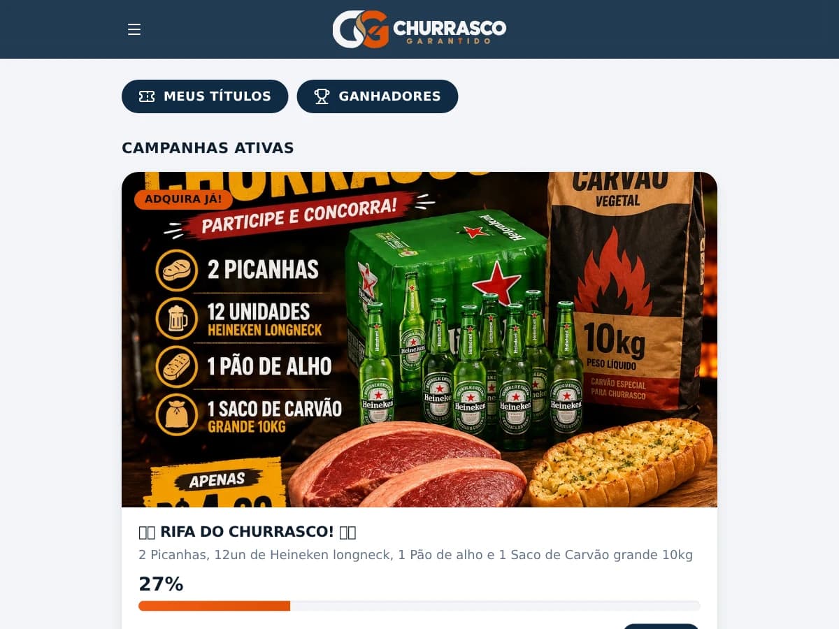 Campanha ativa no Churrasco Garantido, com barra de números vendidos e preço por número