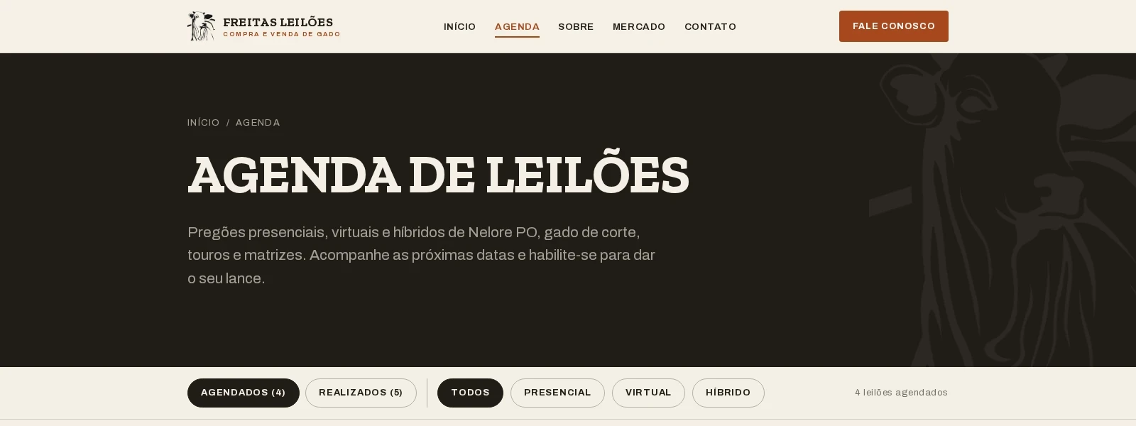 Agenda de leilões da Freitas Leilões, um dos sistemas no ar