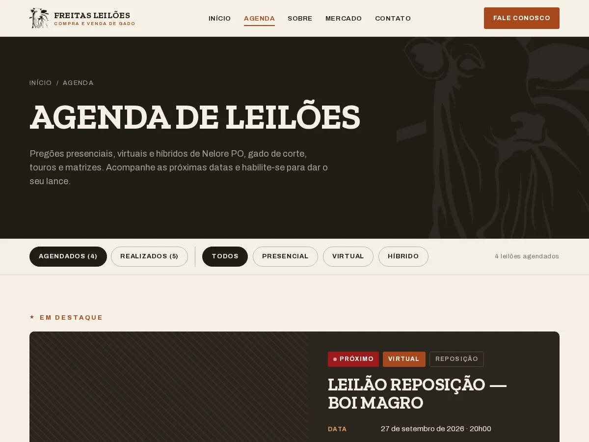 Agenda de leilões da Freitas Leilões, com os pregões agendados e os filtros por modalidade