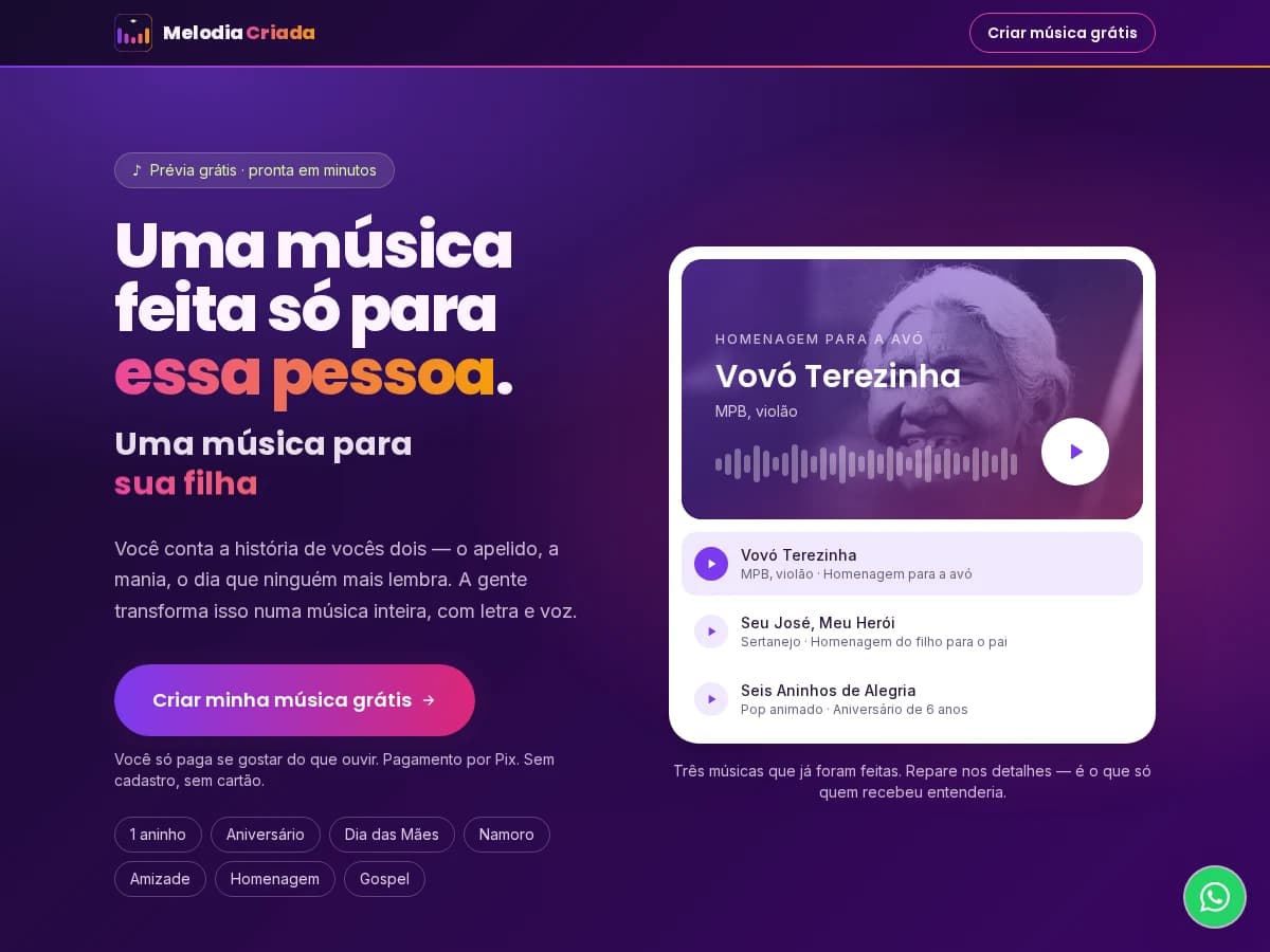 Página inicial do Melodia Criada, com o player de prévia de uma música de homenagem