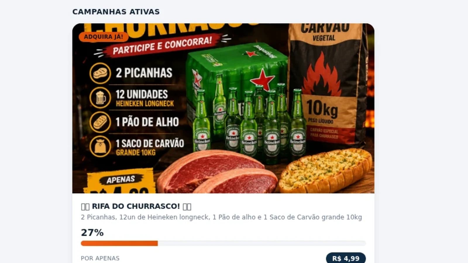 Campanha ativa no Churrasco Garantido, com a barra de números vendidos