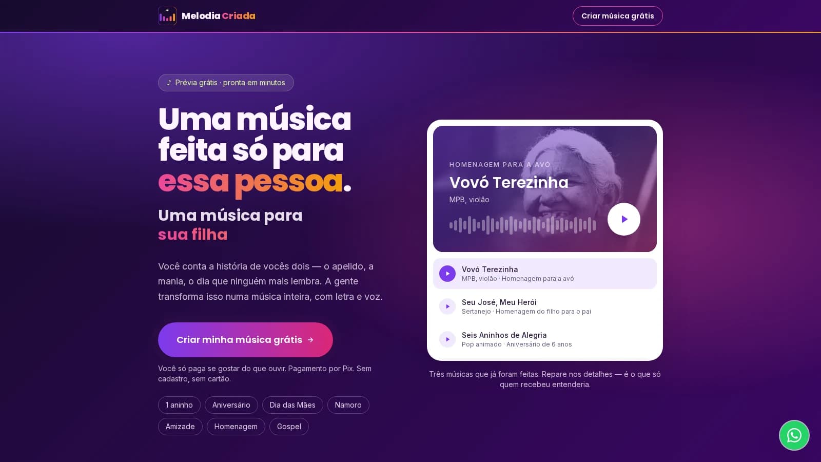 Página inicial do Melodia Criada